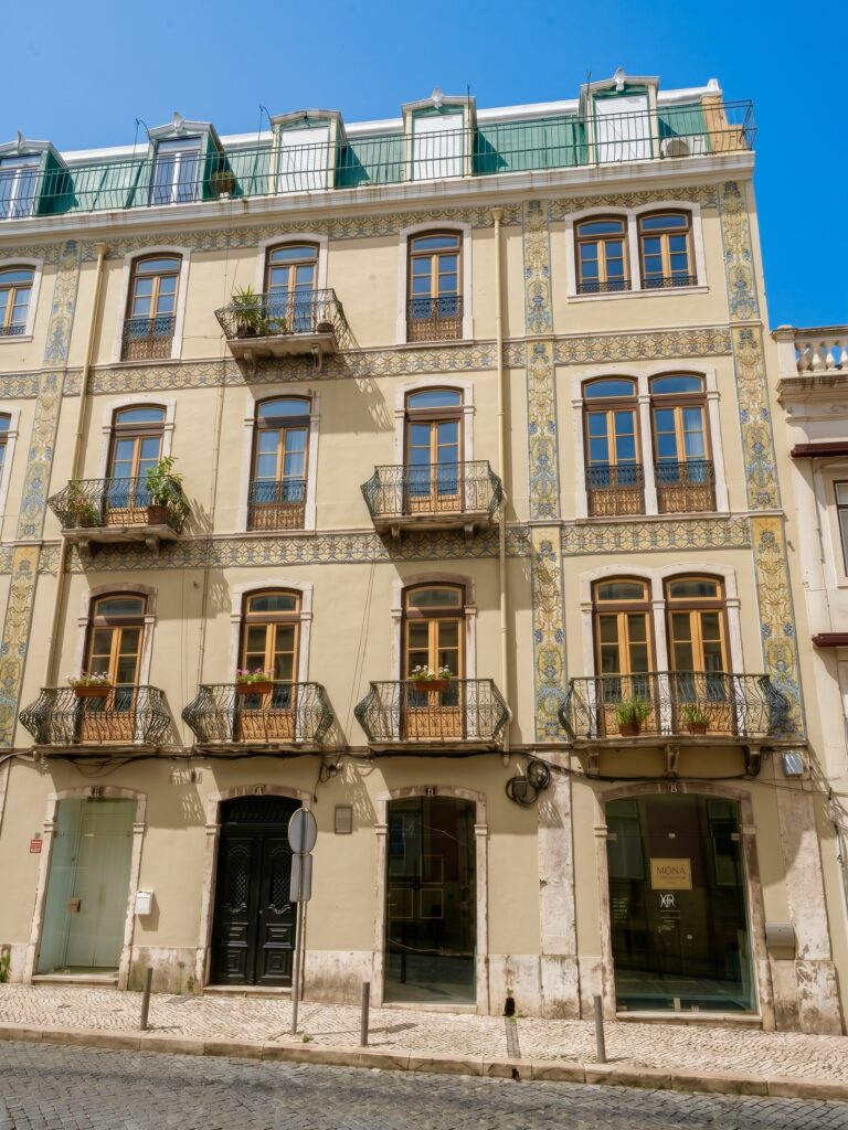 Tiled façade of the building on Rua das Janelas Verdes, Santos, Lisbon